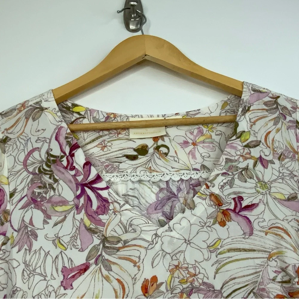 Anthropologie By Maeve Cream Pink Floral Print Ballon Sleeve Tie Blouse. Size M.